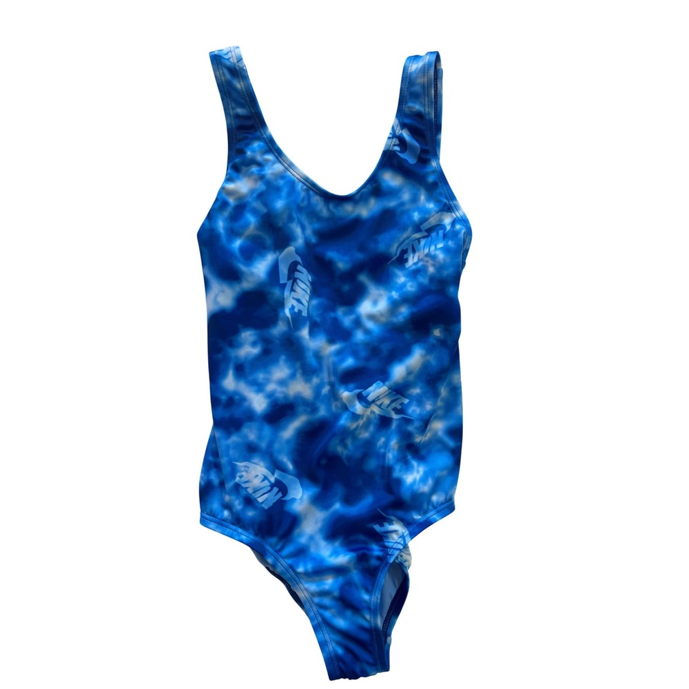 Nike Girls Blue Tie Dye Logo One Piece Swimsuit NESSF721 Size Medium New